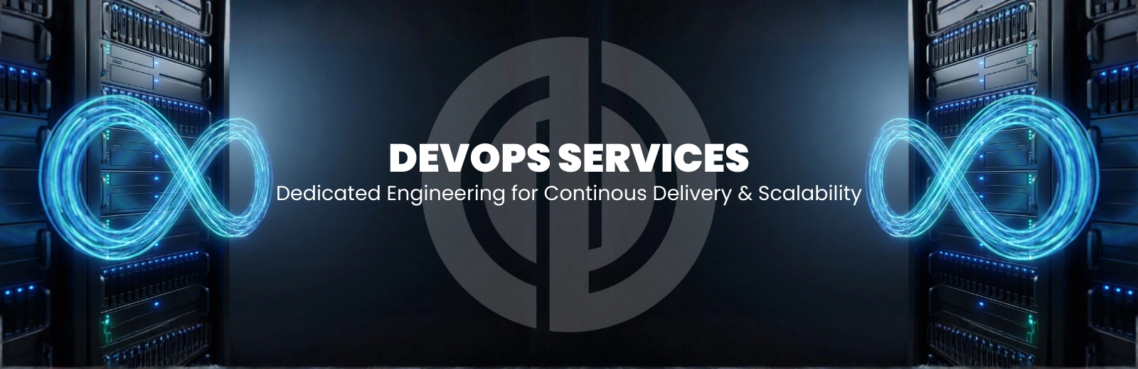 DevOps infinity loop with digital graphics and service tagline.
